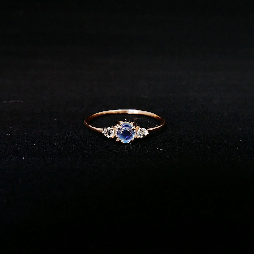 Penny Moonstone three stone ring, three stone ring, moonstone and aquamarine ring, 14k gold rainbow moonstone ring, 3 stone moonstone ring