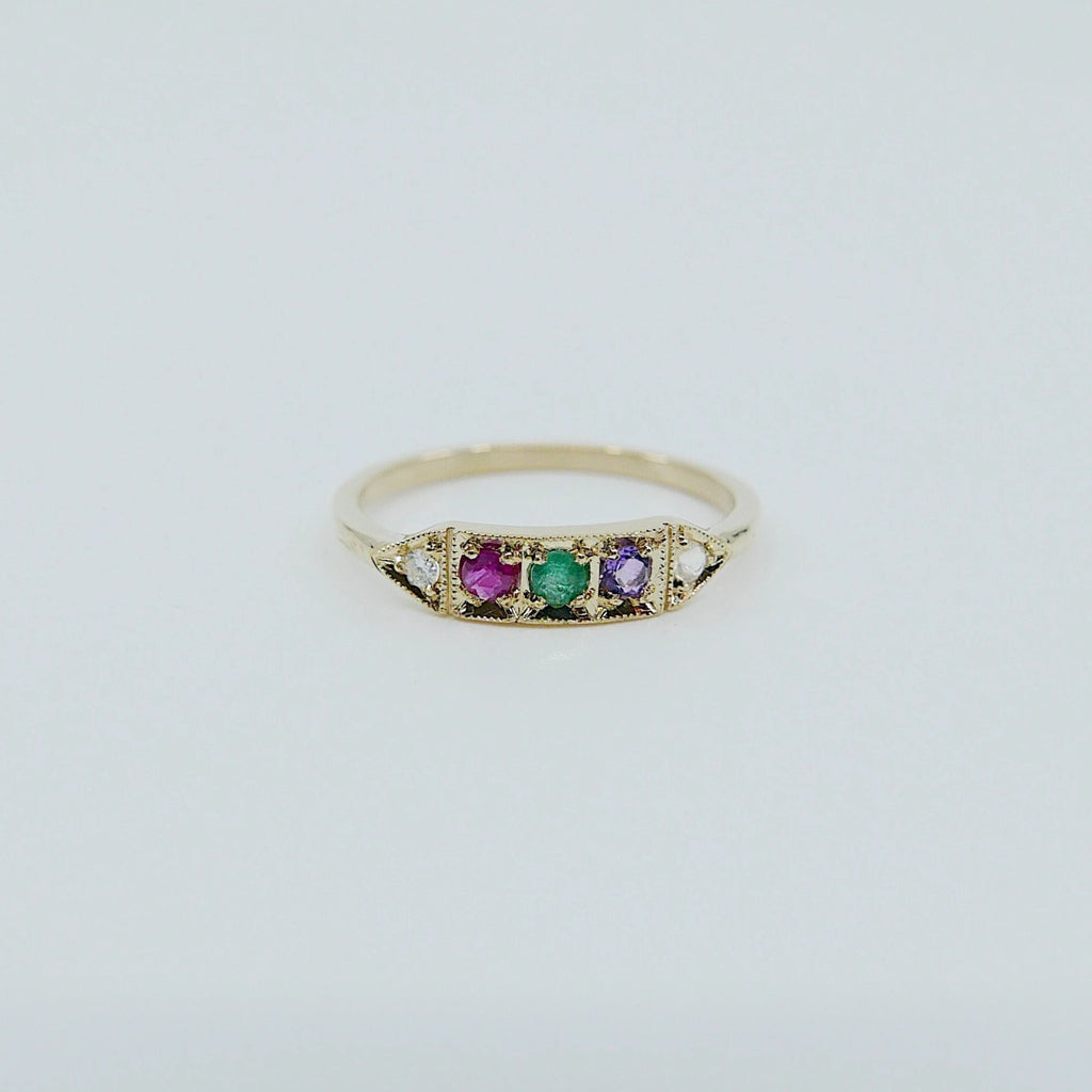 Ms. Goodbar DREAM acrostic ring, 14k stacking ring, Diamond, Ruby, Emerald, Amethyst, and Moonstone ring, Five stone ring, acrostic ring