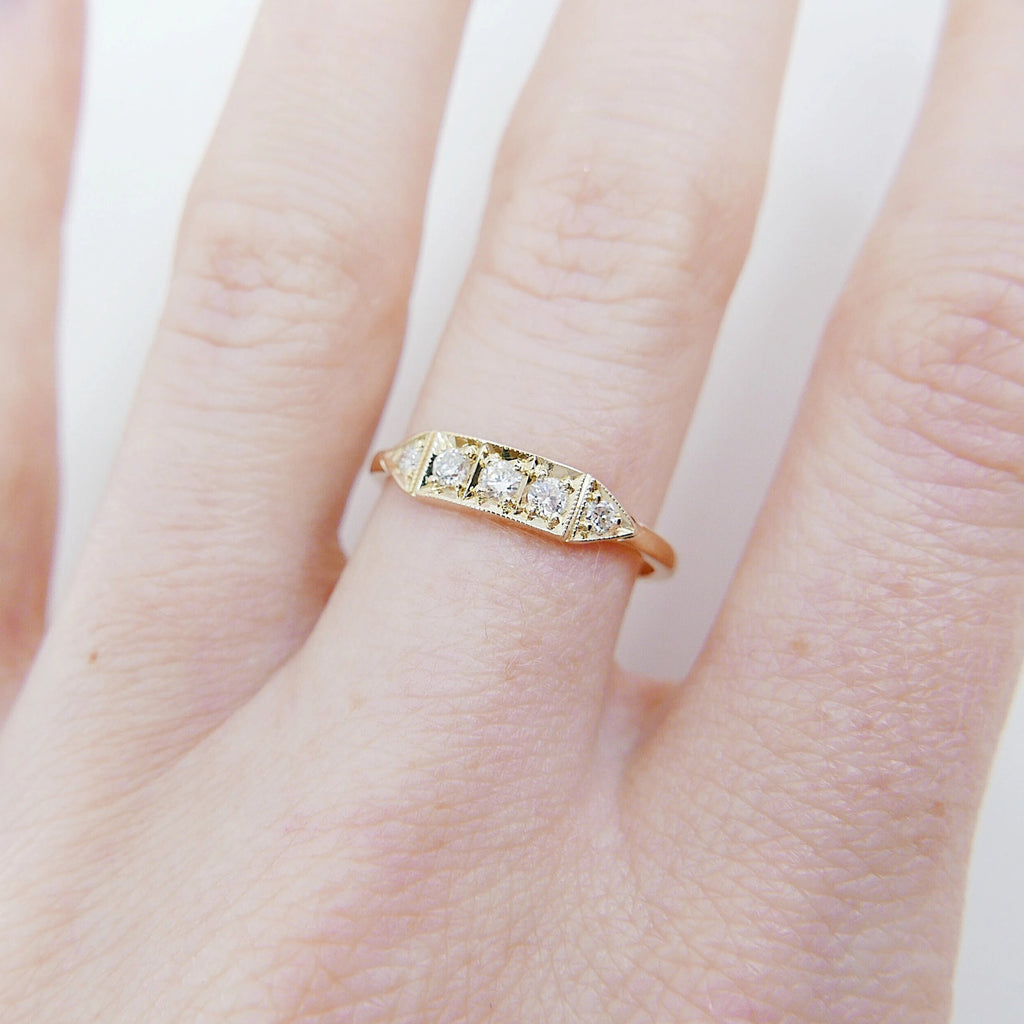 Ms. Goodbar Diamond ring, 14k Stacking ring, Diamond ring, Five stone ring, Diamond Bar ring, Dainty band, Vintage Inspired ring