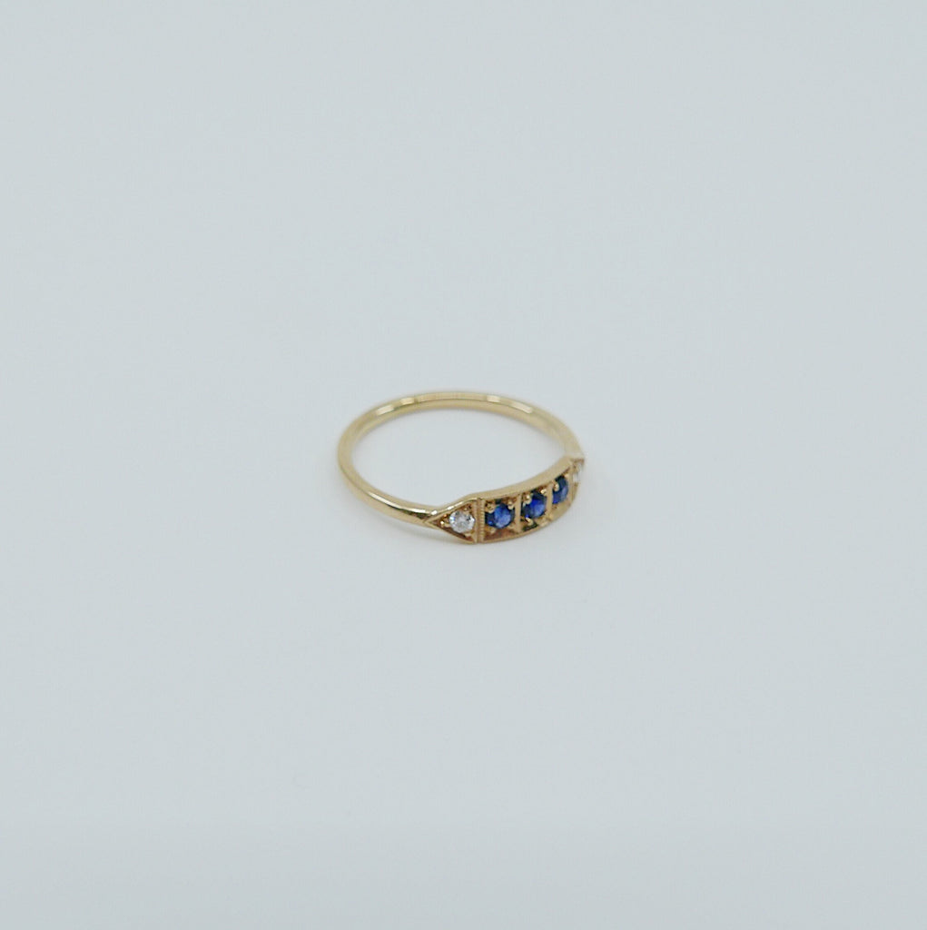 Ms. Goodbar Sapphire ring, 14k Stacking ring, Diamond and sapphire ring, Five stone ring, Diamond Bar ring, Sapphire Bar ring, Dainty band