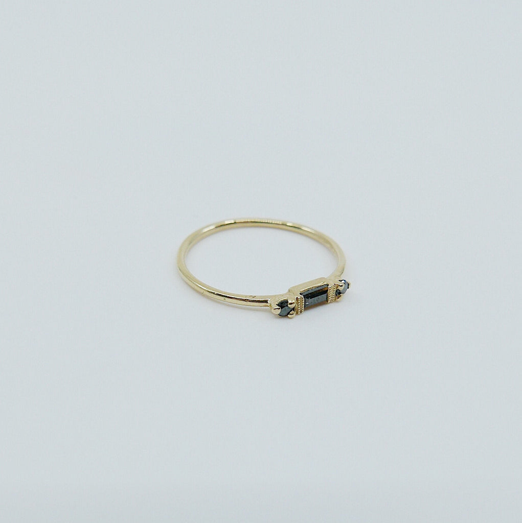 Grand Baguette Blackout Black Diamond ring, 14k Stacking diamond baguette ring, black Three stone ring, black gemstone stacking ring