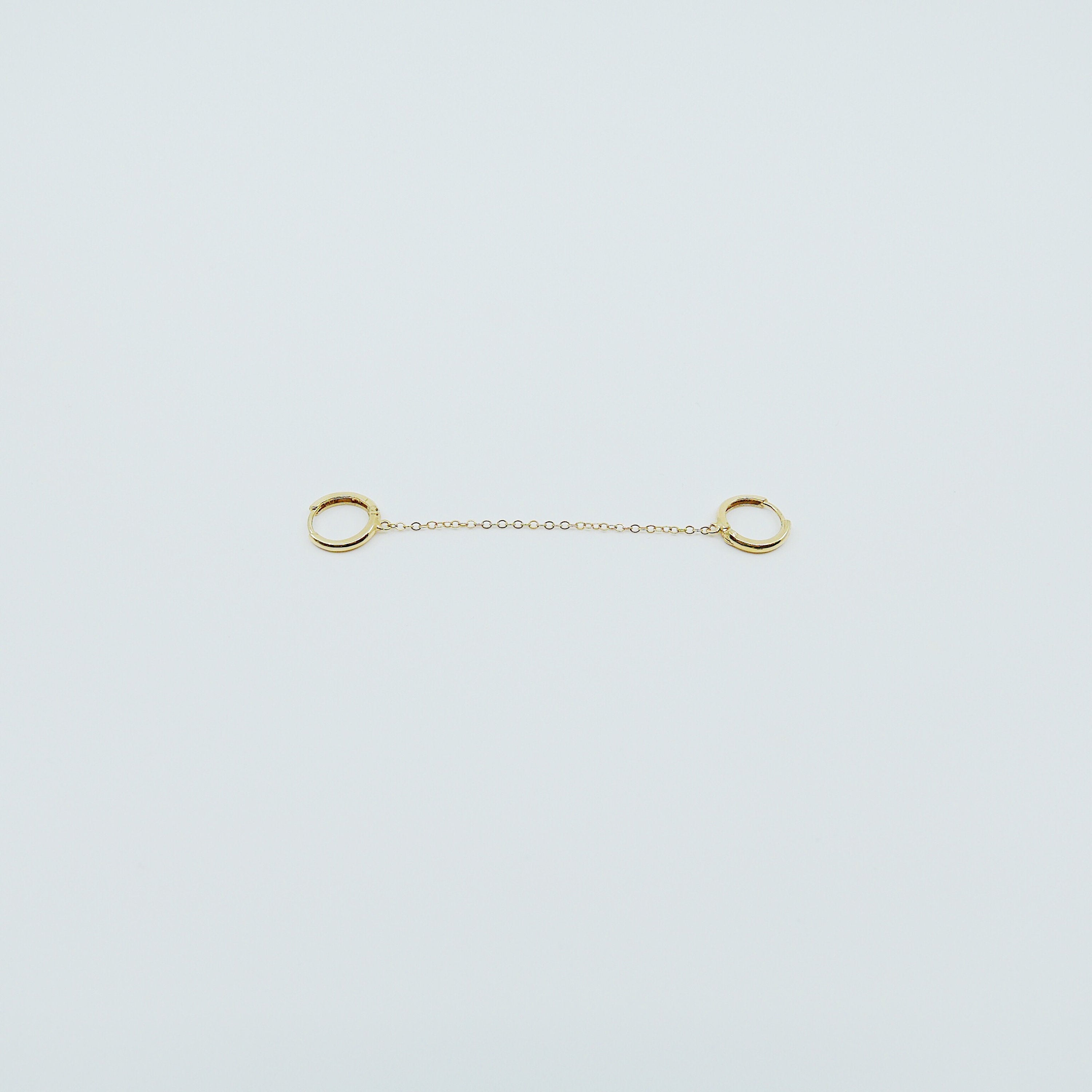 Chained Hoops, 14k gold small hoops, gold hoops with chain, small gold chained hoops, huggie hoops, double hoop single earring