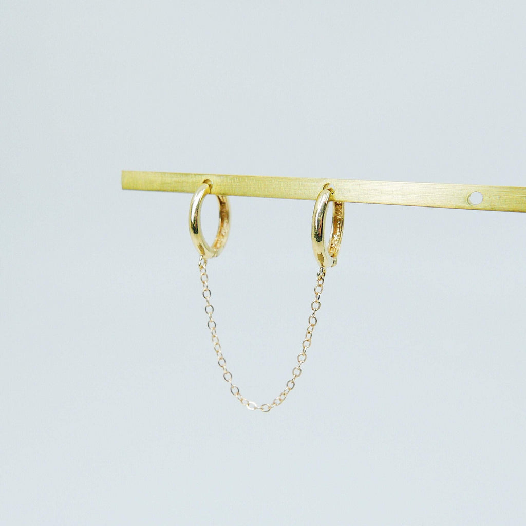 Chained Hoops, 14k gold small hoops, gold hoops with chain, small gold chained hoops, huggie hoops, double hoop single earring