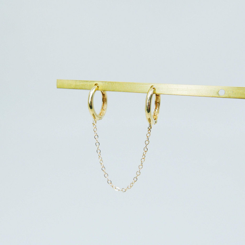 Chained Hoops, 14k gold small hoops, gold hoops with chain, small gold chained hoops, huggie hoops, double hoop single earring
