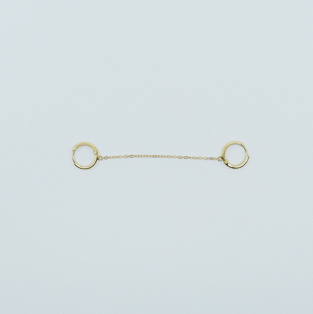 Chained Hoops, 14k gold small hoops, gold hoops with chain, small gold chained hoops, huggie hoops, double hoop single earring