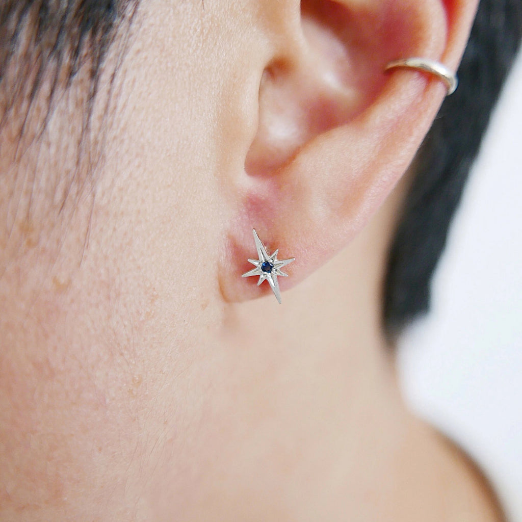 Sterling Silver Polaris Earrings, Sapphire star earring, 8 pointed star earring, north star earring, sterling silver earrings