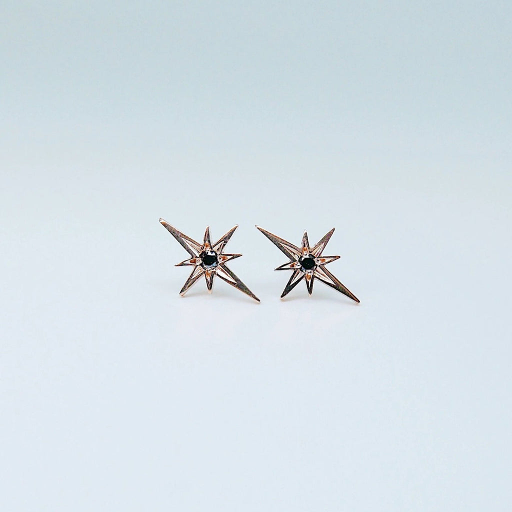 Polaris Earrings, 14k rose gold earrings, 14k Five Point star earrings, Starburst Earrings, Black Diamond Star Earrings, Diamond Starburst