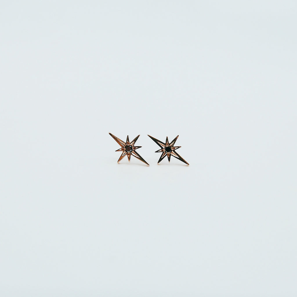 Polaris Earrings, 14k rose gold earrings, 14k Five Point star earrings, Starburst Earrings, Black Diamond Star Earrings, Diamond Starburst