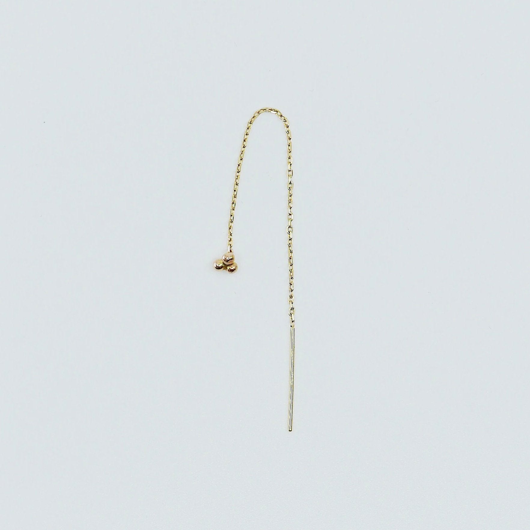 Three dot threader earring, 14k ball threader, 14k threader stud, gold three ball pull through earring, pull through earring single