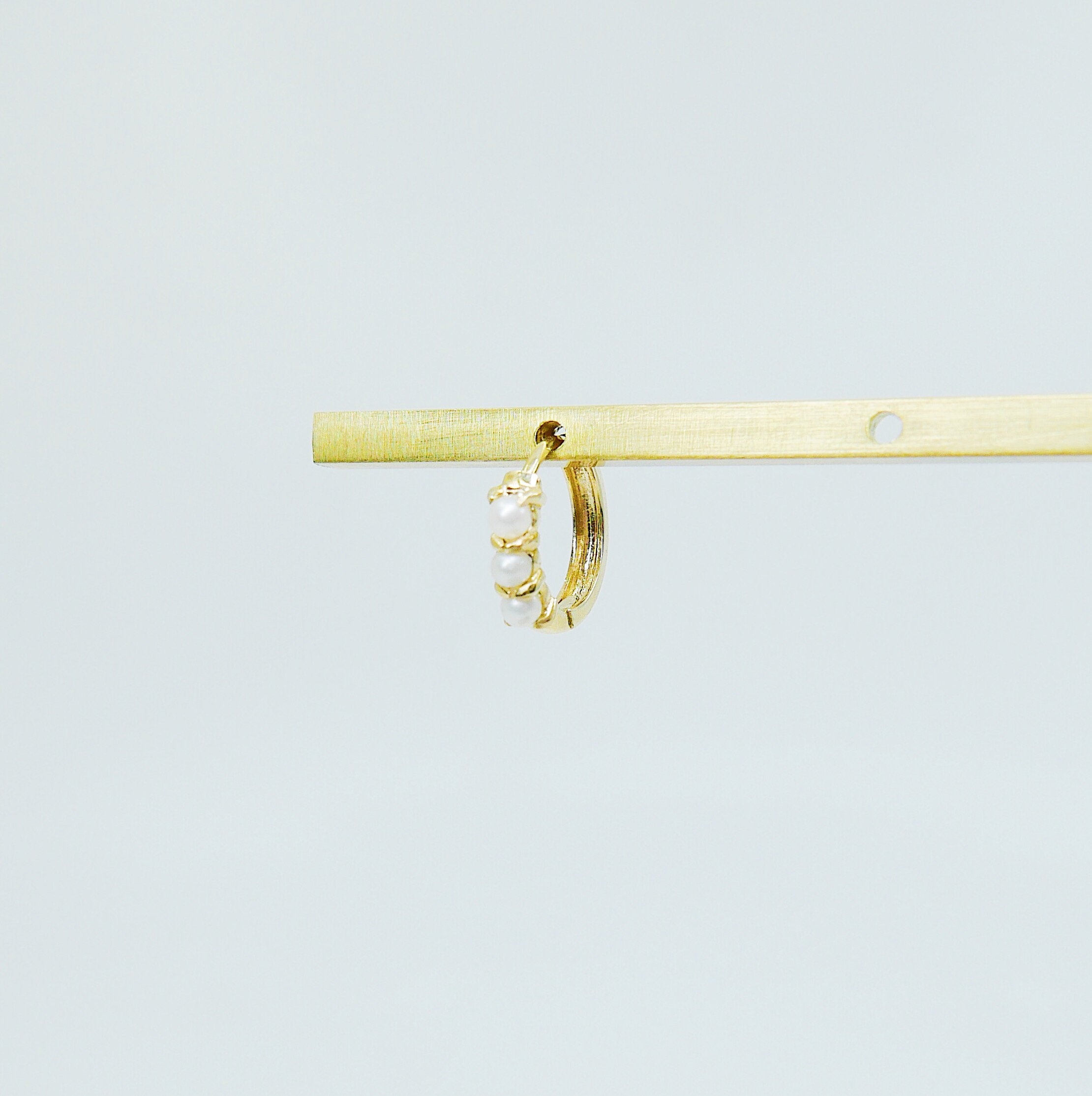 Mini Pearl hoop, small 14k gold hoop, small mini three stone pearl gold hoop, gold hoops, gold pearl huggie, pearl earring