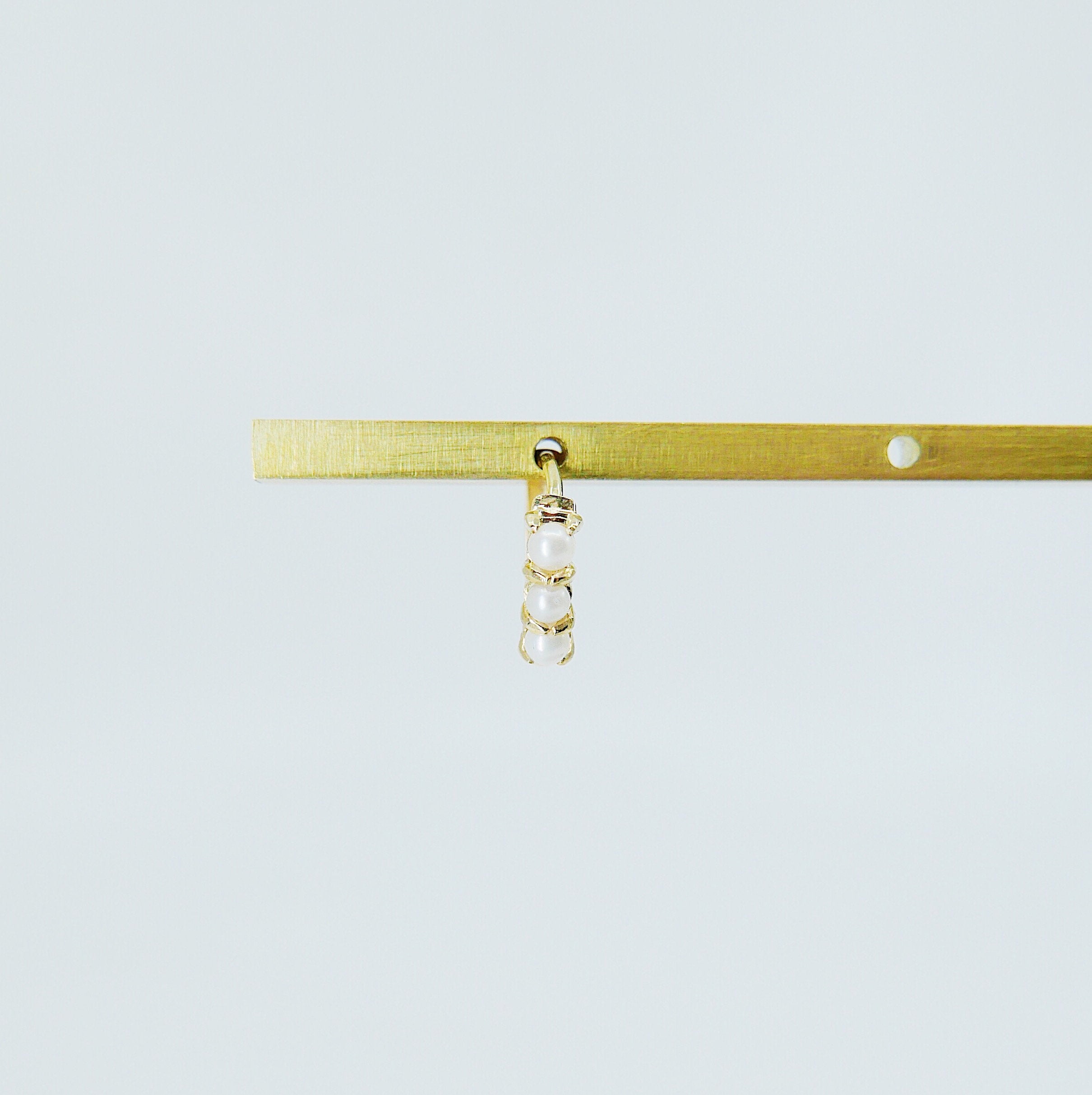 Mini Pearl hoop, small 14k gold hoop, small mini three stone pearl gold hoop, gold hoops, gold pearl huggie, pearl earring
