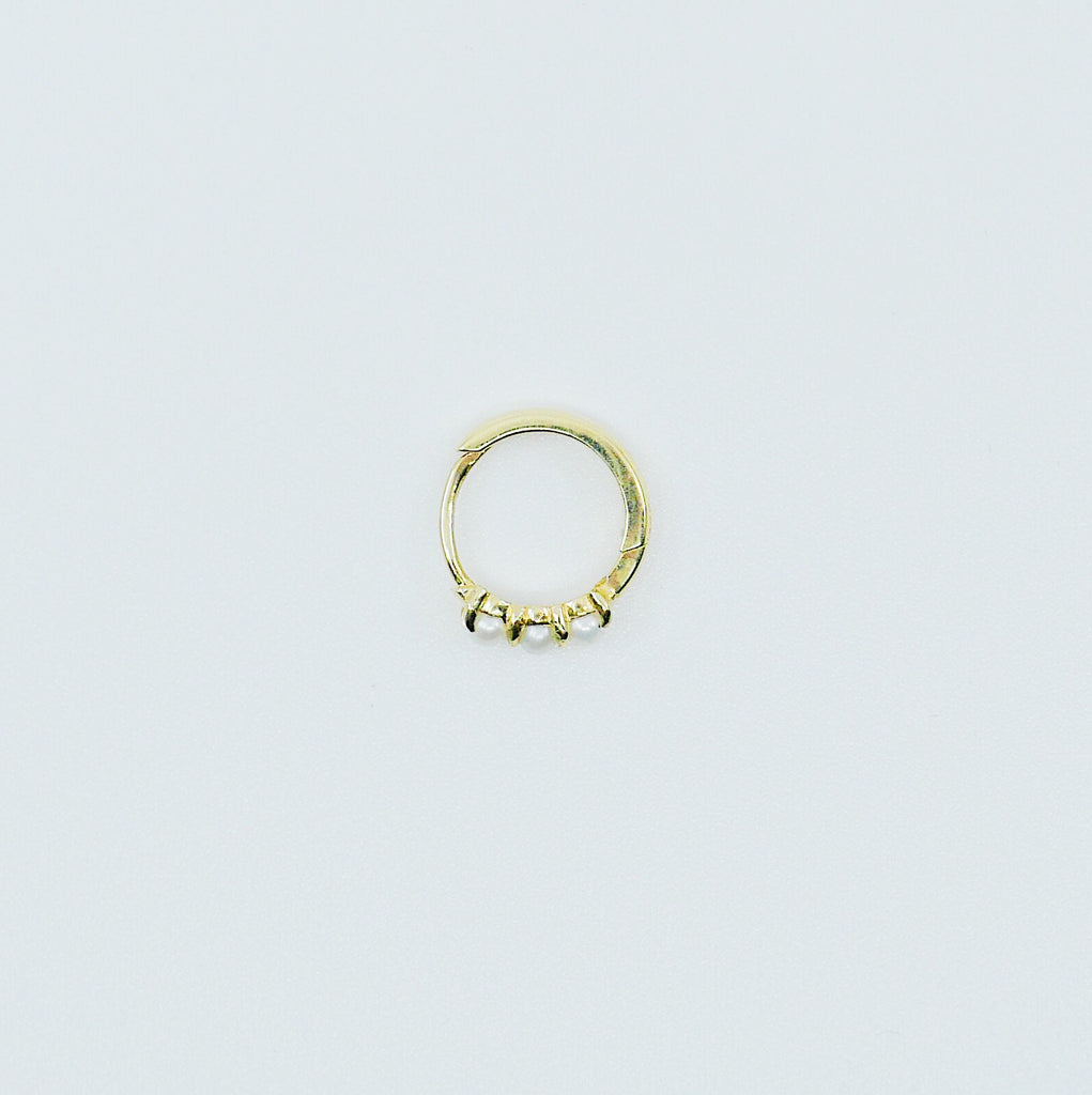 Mini Pearl hoop, small 14k gold hoop, small mini three stone pearl gold hoop, gold hoops, gold pearl huggie, pearl earring