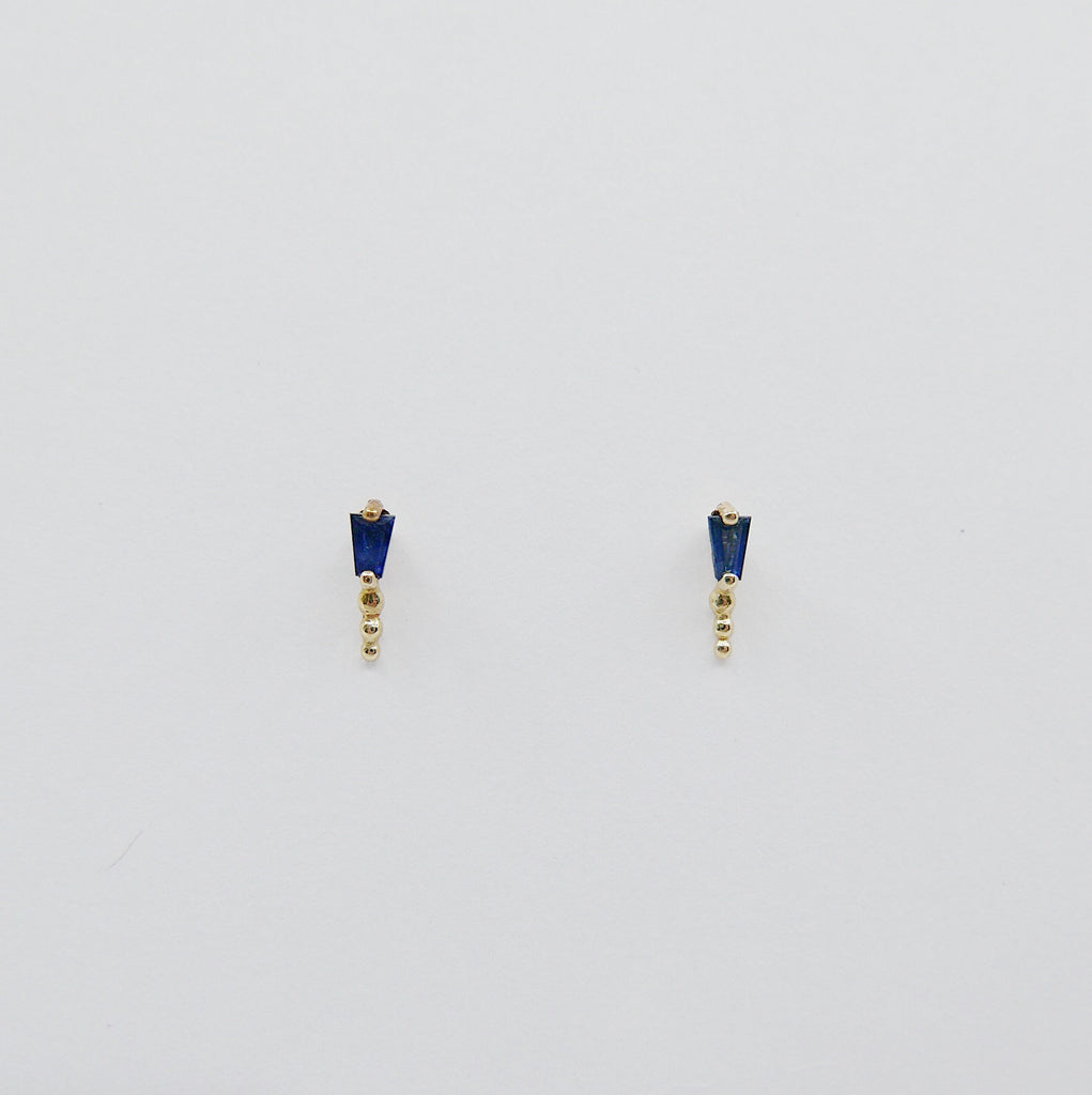 Ellipsis Tapered Baguette Stud, Baguette stud, Blue Sapphire Baguette Stud, 14k gold tapered stud, Triple Ball Stud