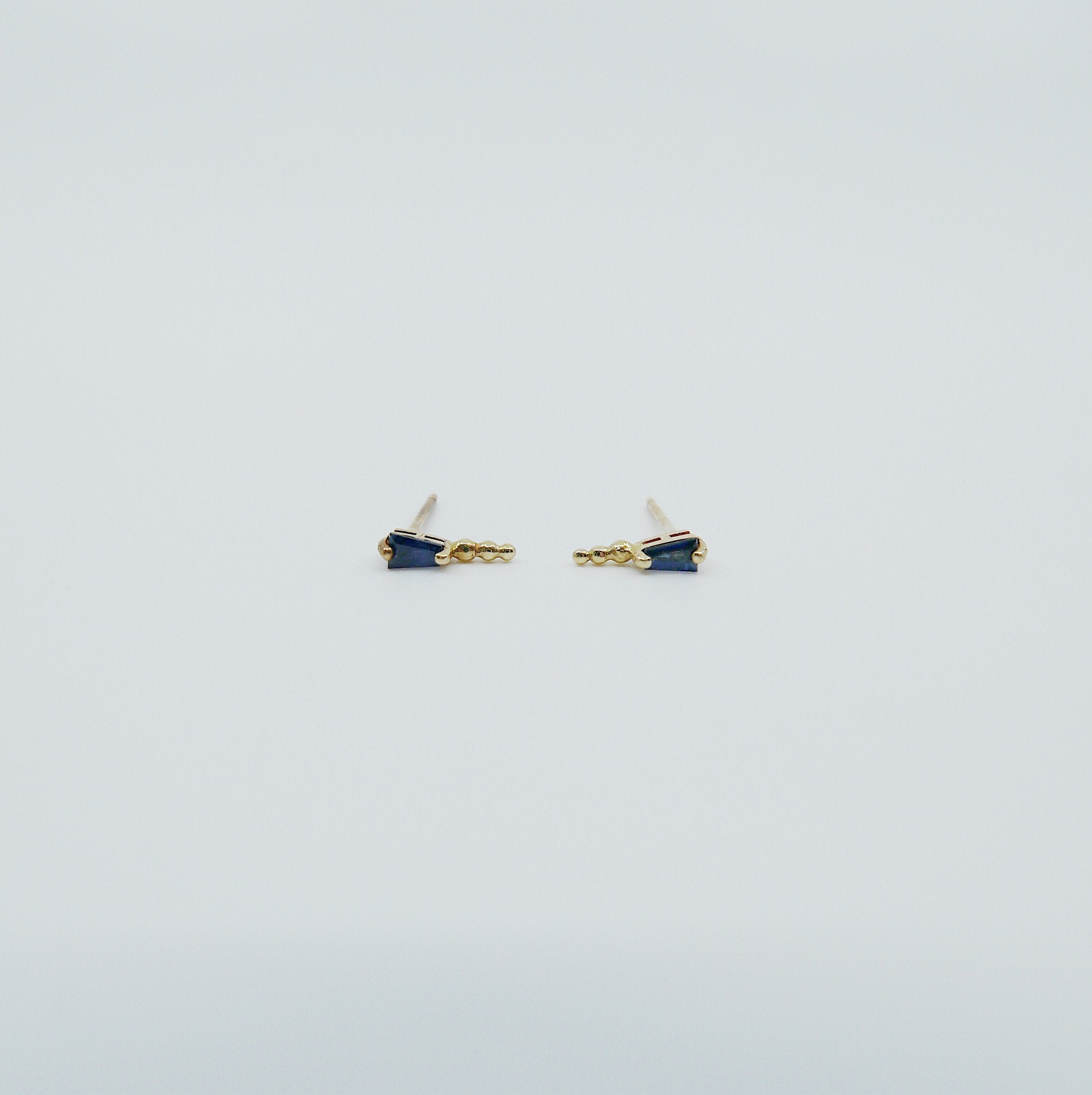 Ellipsis Tapered Baguette Stud, Baguette stud, Blue Sapphire Baguette Stud, 14k gold tapered stud, Triple Ball Stud