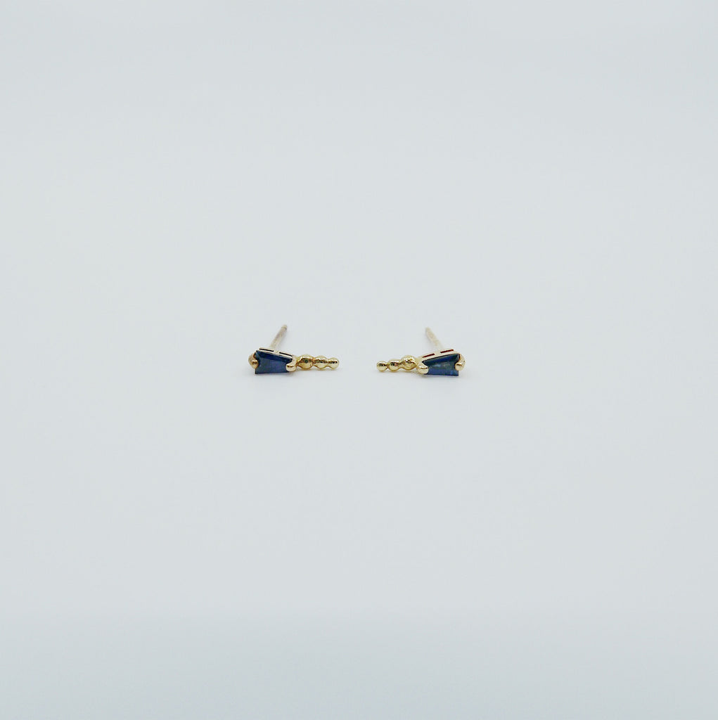 Ellipsis Tapered Baguette Stud, Baguette stud, Blue Sapphire Baguette Stud, 14k gold tapered stud, Triple Ball Stud