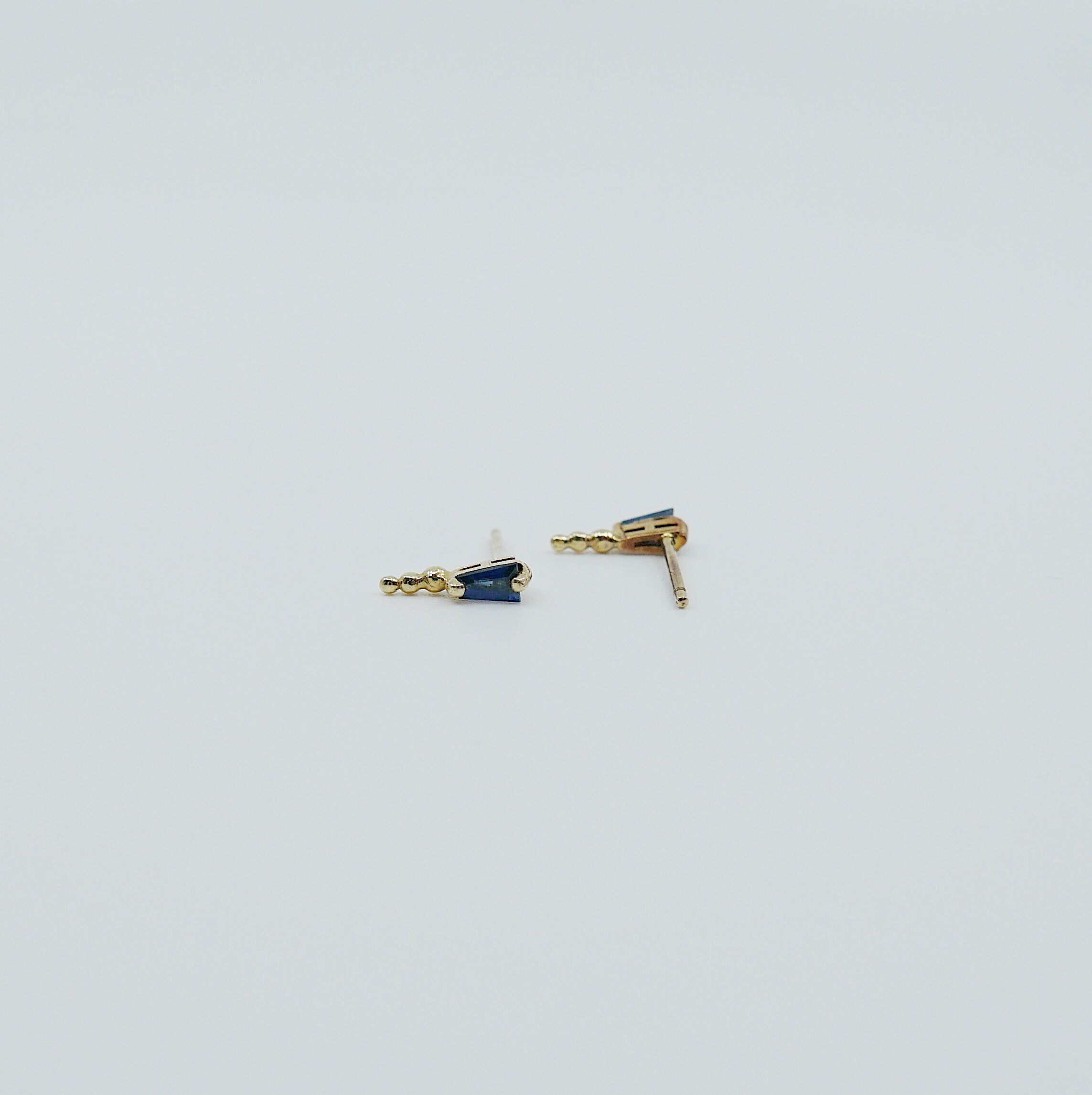 Ellipsis Tapered Baguette Stud, Baguette stud, Blue Sapphire Baguette Stud, 14k gold tapered stud, Triple Ball Stud