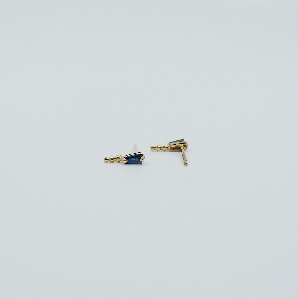 Ellipsis Tapered Baguette Stud, Baguette stud, Blue Sapphire Baguette Stud, 14k gold tapered stud, Triple Ball Stud