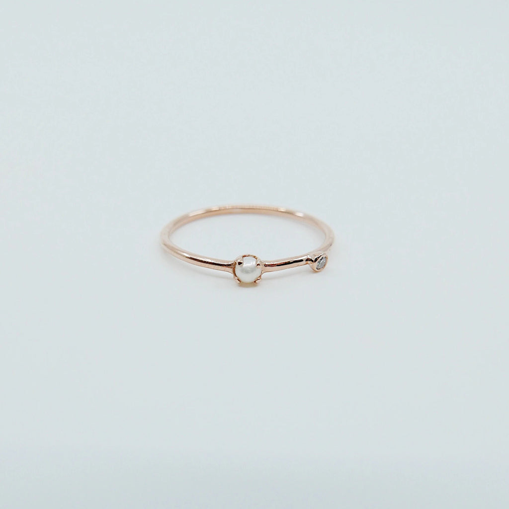 Pearl Duet Ring (Small), 14k Diamond and Pearl Ring, Mini Pearl Ring, Two Stone Band, Stacking Bands, Stacking Rings, 14k Gold Band, Wedding