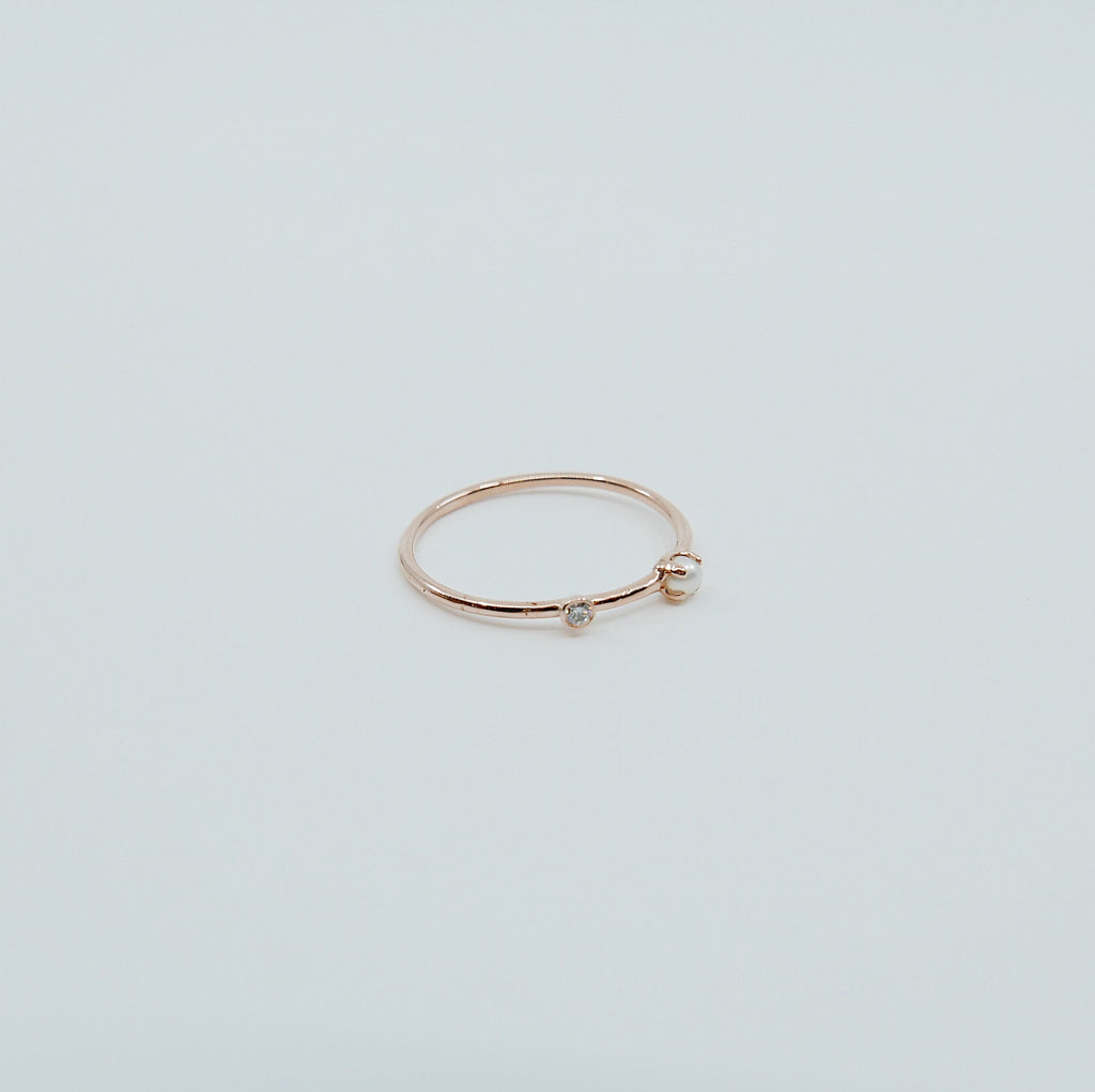 Pearl Duet Ring (Small), 14k Diamond and Pearl Ring, Mini Pearl Ring, Two Stone Band, Stacking Bands, Stacking Rings, 14k Gold Band, Wedding