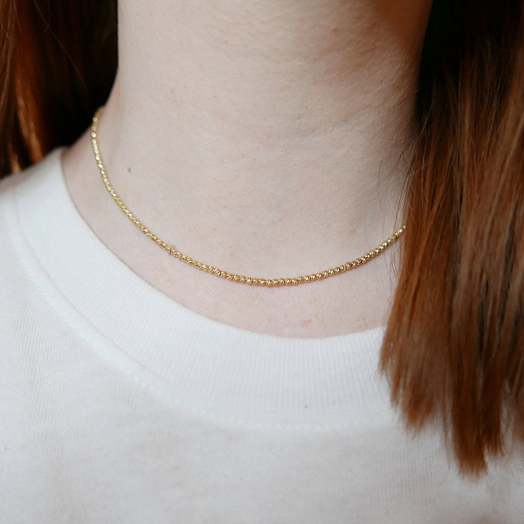 Mini adjustable 14k gold Discotheque choker, faceted ball chain choker necklace, diamond cut gold beaded layering necklace