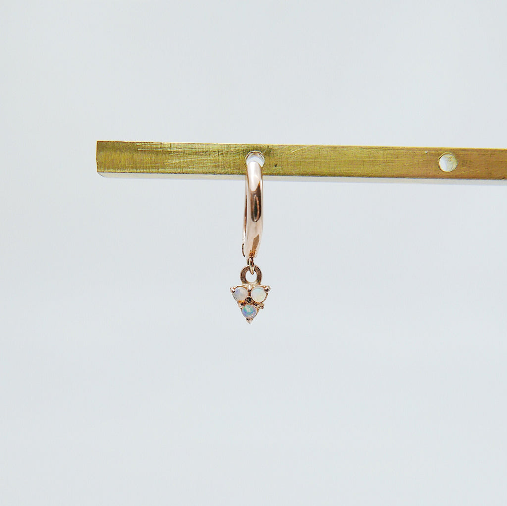 Opal trinity charm hoop, small 14k gold opal hoop, small gold hoop, single gold hoop, opal hoop earrings, mini opal hoop