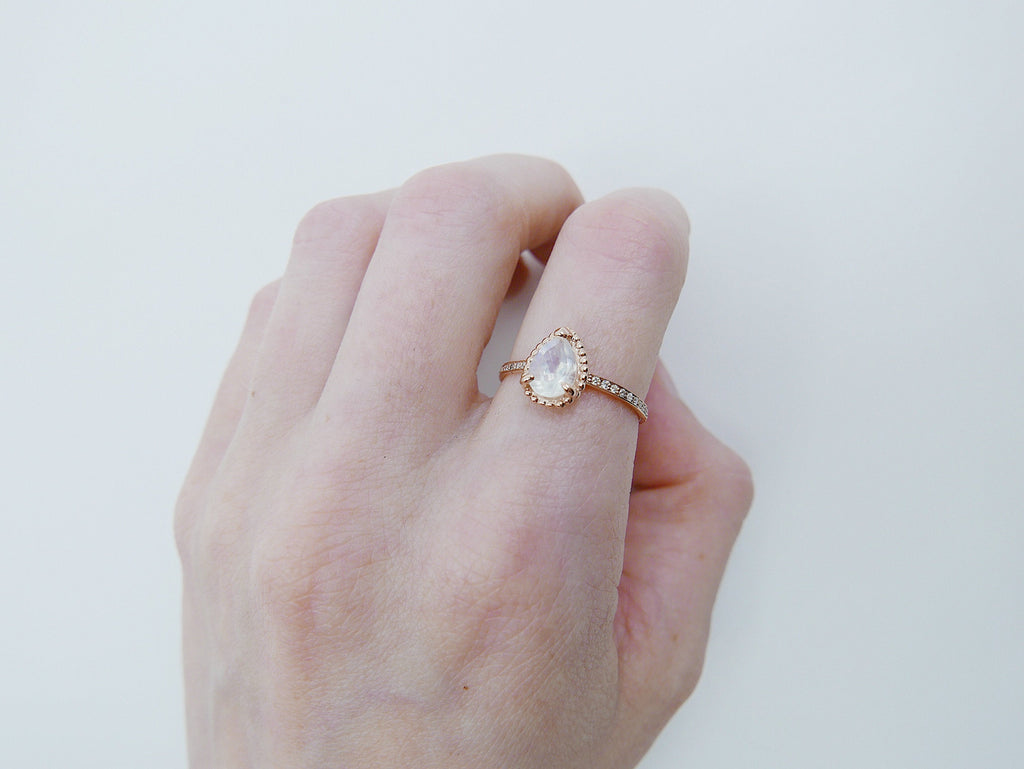 Ava Diamond moonstone ring, rainbow Moonstone halo ring, gold solitaire ring, pear moonstone ring, 14k gold moonstone prong engagement ring