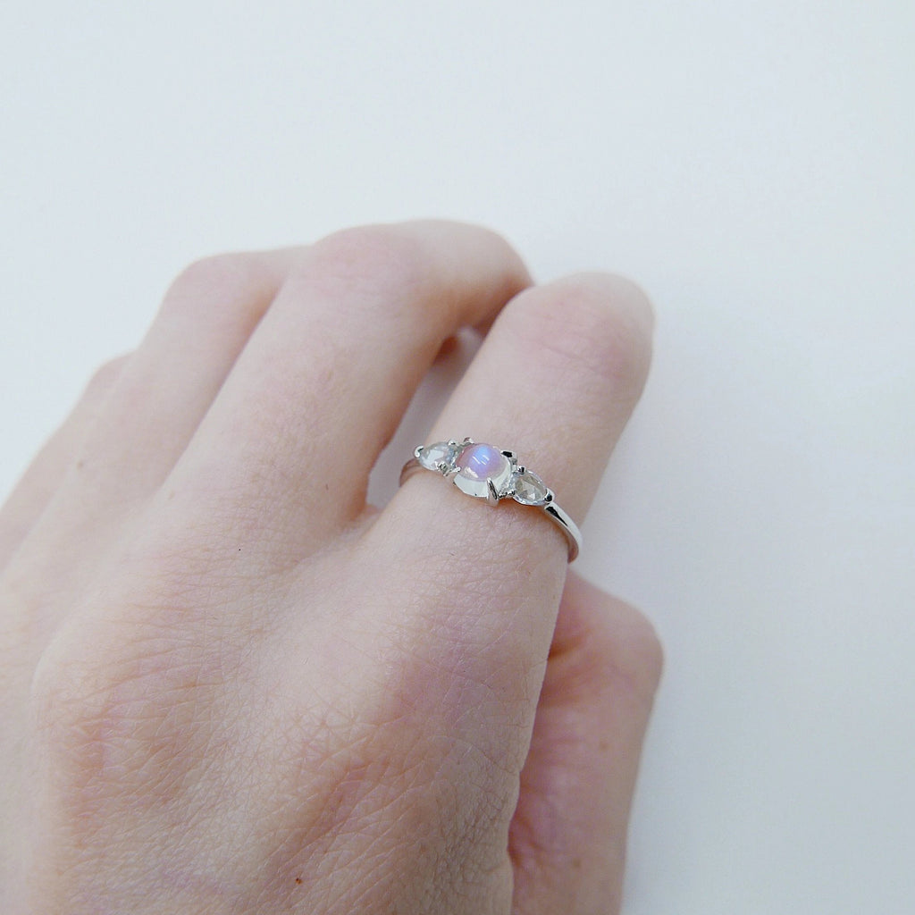 Penelope Moonstone ring, Moonstone and  rosecut sapphire ring, 3 stone ring, 14k gold rainbow moonstone ring