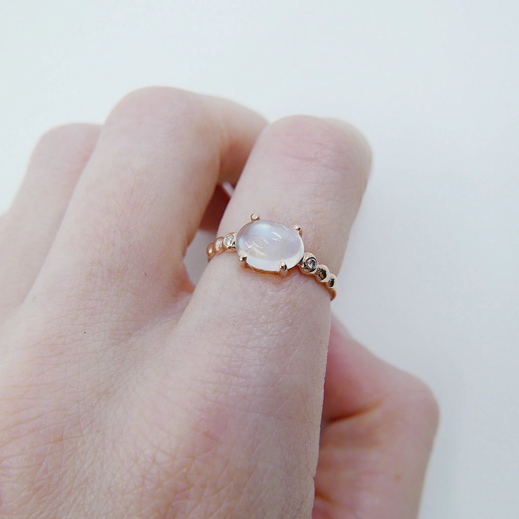 Ellipsis Oval Moonstone ring, three stone ring, Moonstone and diamond ring, 14k gold Moonstone ring