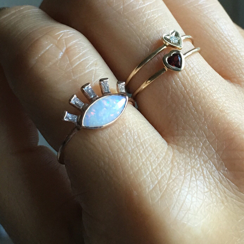 Opal eye ring, gold eye ring, third eye ring, opal and diamond baguette ring, eye of horus ring, evil eye ring