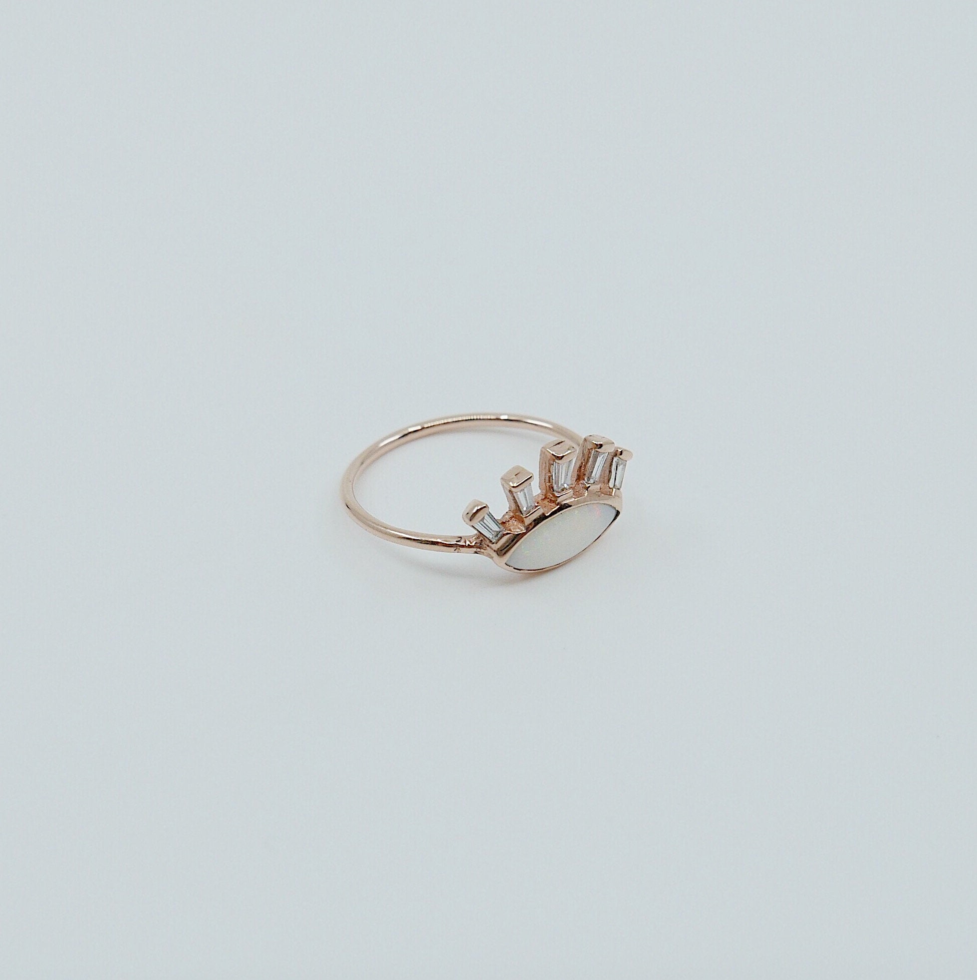 Opal eye ring, gold eye ring, third eye ring, opal and diamond baguette ring, eye of horus ring, evil eye ring
