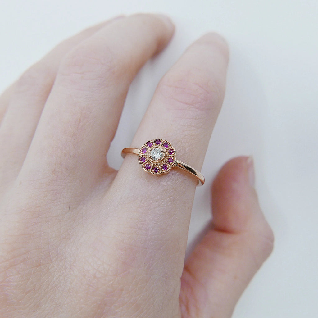 Flora Ruby ring, Gold Ruby flower ring, 14k gold ruby and diamond cluster ring, alternative engagement ring