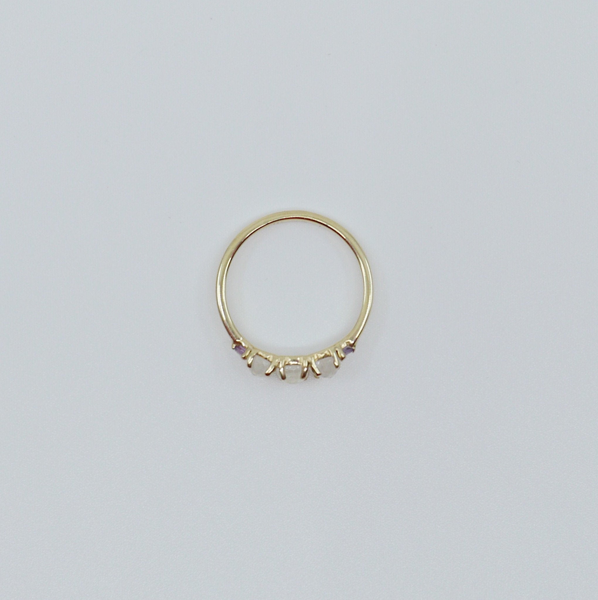 Hailey Rose Cut Moonstone Five Stone Ring, 5 stone band, Moonstone and Amethyst ring, 14k gold glowing stone ring, five stone ring