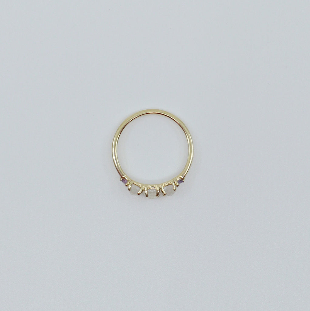 Hailey Rose Cut Moonstone Five Stone Ring, 5 stone band, Moonstone and Amethyst ring, 14k gold glowing stone ring, five stone ring
