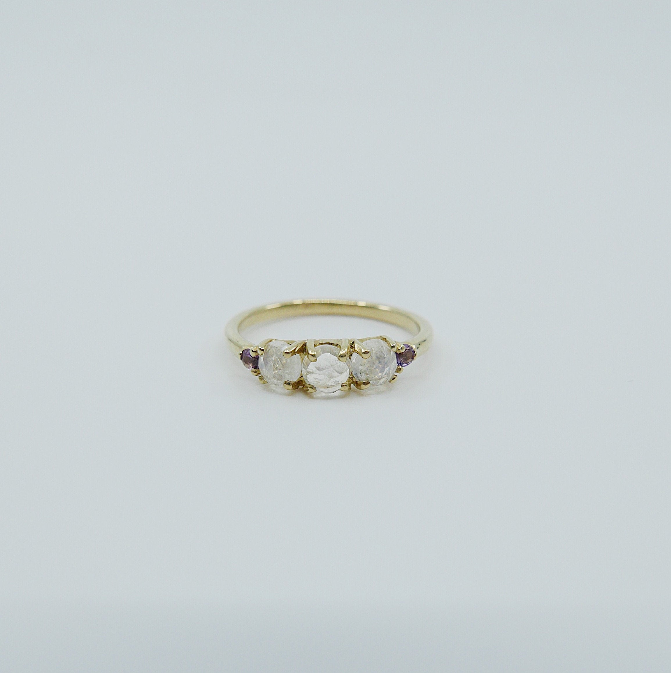 Hailey Rose Cut Moonstone Five Stone Ring, 5 stone band, Moonstone and Amethyst ring, 14k gold glowing stone ring, five stone ring