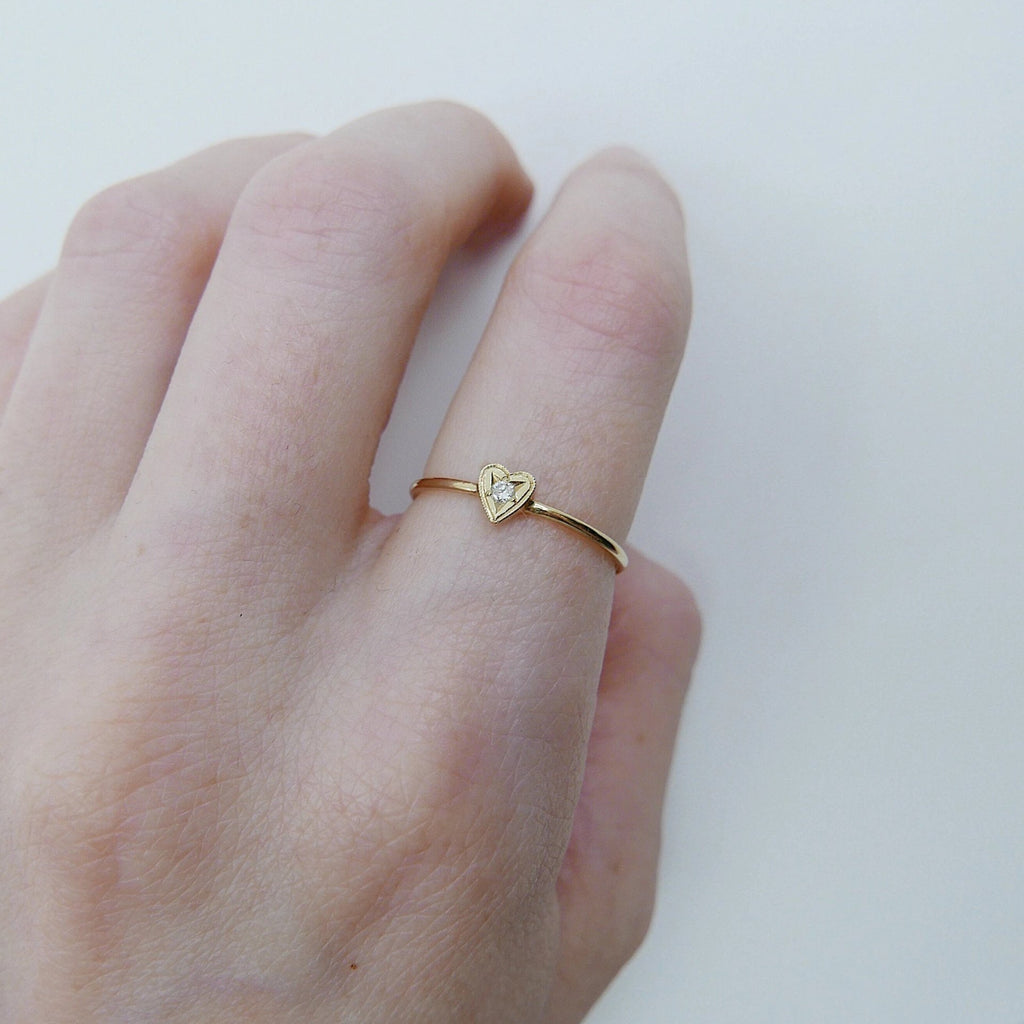 14k gold heart ring, Heart and stone ring, 14k love and diamond ring, mini heart ring, stacking ring