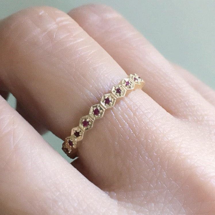 Hexagon Ruby Eternity Band, stacking band, wedding band, gold infinity Geometric ring with rubies, ruby infinity band, ruby wedding band