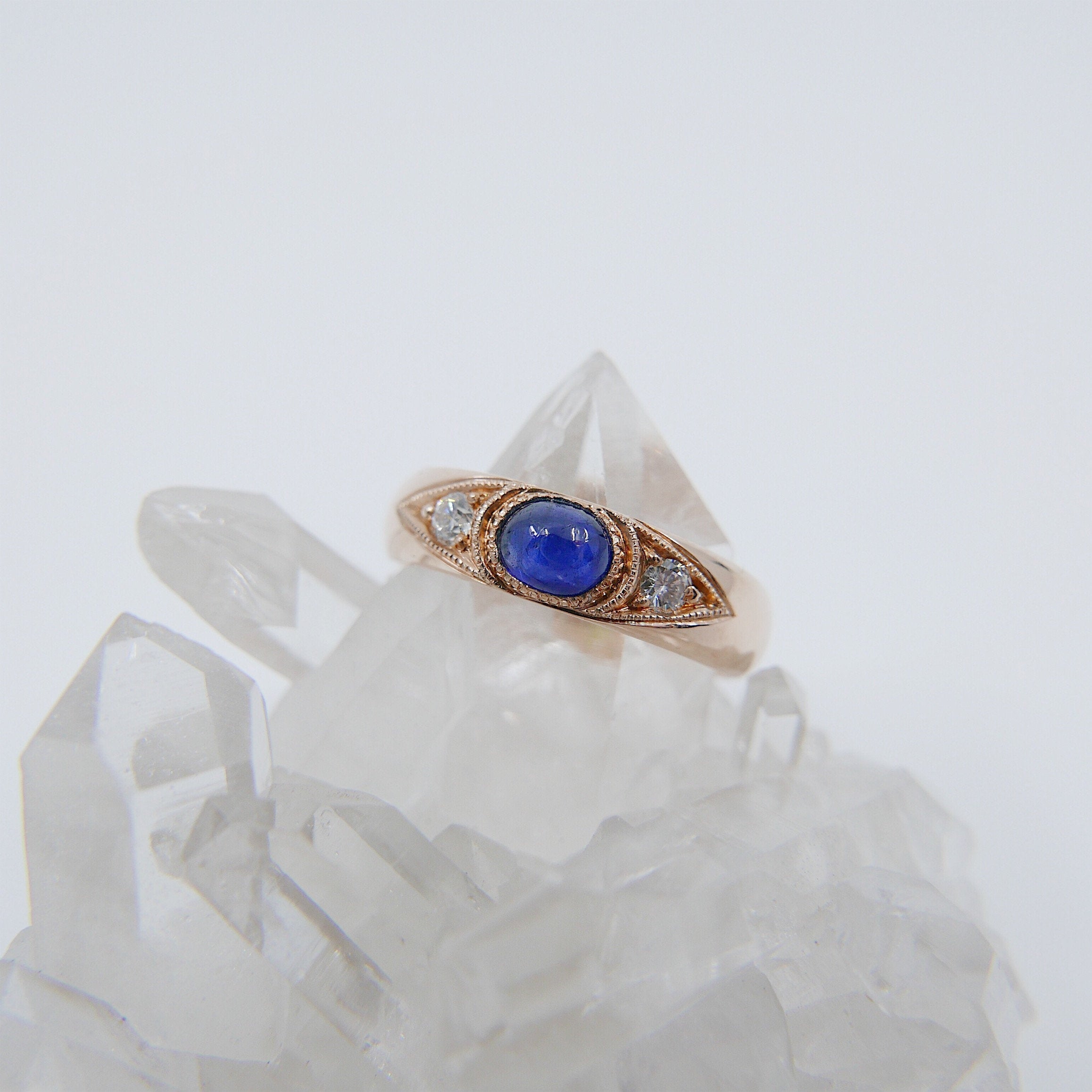 Indira Band, Blue Sapphire diamond band, thick gold band, Blue Sapphire cabochon wedding band, 3 stone band, sapphire and diamond gypsy ring