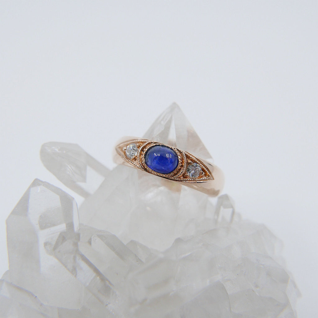 Indira Band, Blue Sapphire diamond band, thick gold band, Blue Sapphire cabochon wedding band, 3 stone band, sapphire and diamond gypsy ring