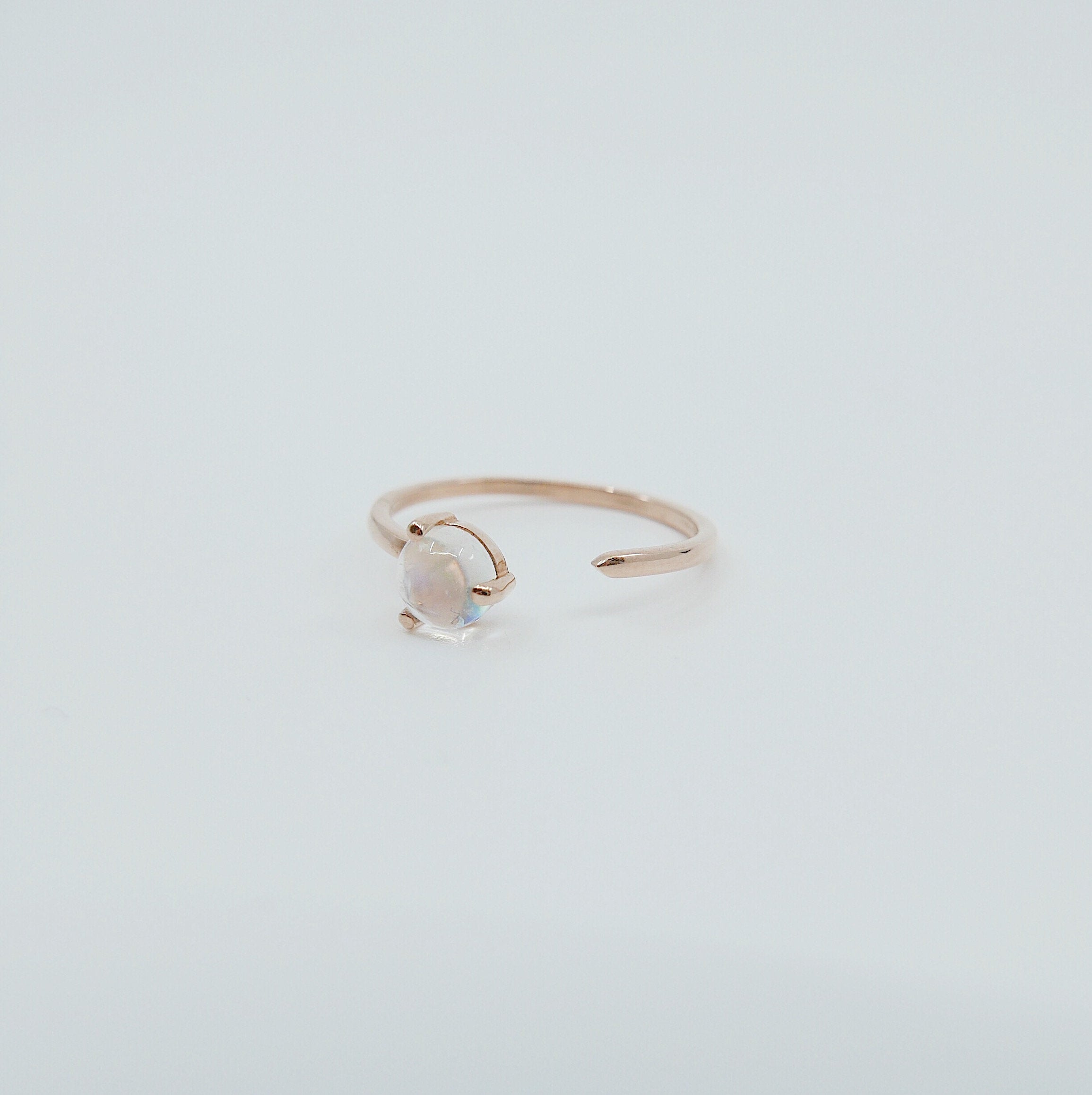 Mystic moonstone open cuff ring, rainbow moonstone cabochon open ring, 14k gold asymmetrical cuff ring with natural stone