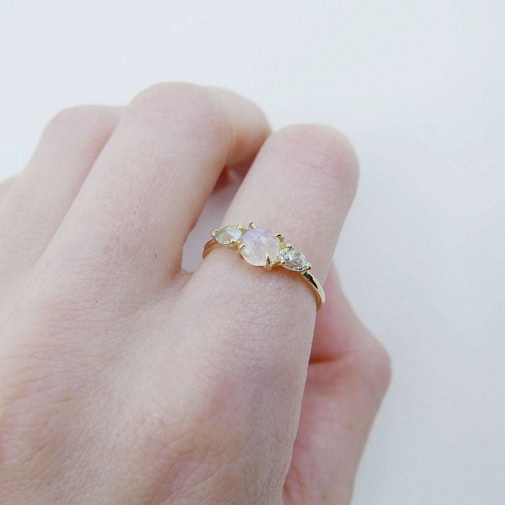 Penelope rosecut Moonstone ring, Moonstone and  aquamarine ring, 3 stone ring, 14k gold rainbow moonstone ring