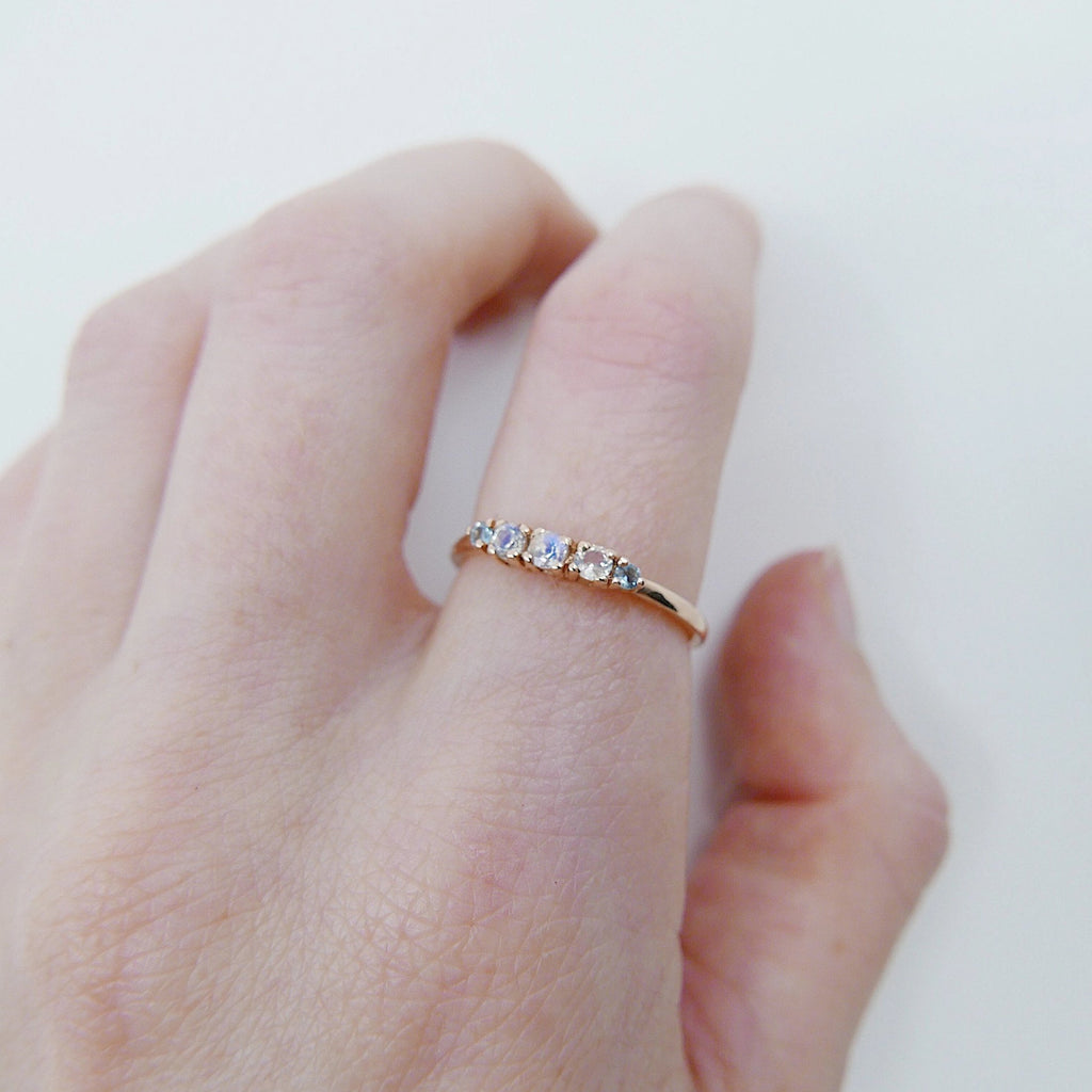 Riley moonstone and aquamarine ring, 5 stone gold ring,  Moonstone aquamarine ring, 14k gold moonstone ring, rainbow moonstone band