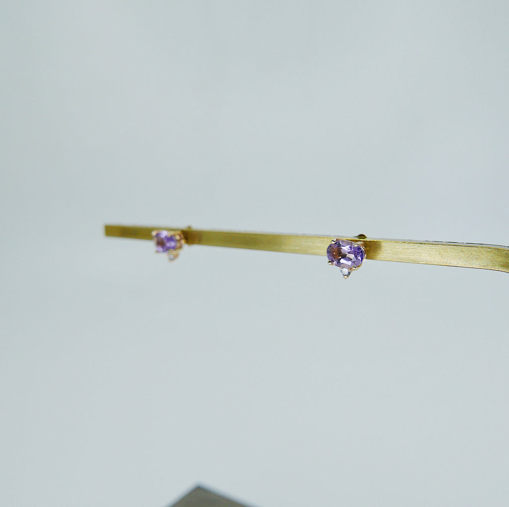 SAMPLE SALE! Purple Ameythst & Grey Diamond Earrings, Amethyst Earrings, Grey Diamond Earrings, 14k Gold Stud Earrings, Two Stone Earrings