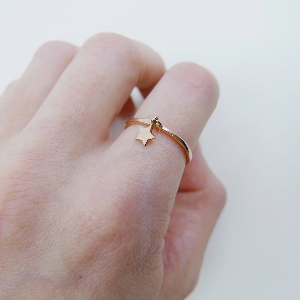 Gold star Charm ring, hanging star ring, gold star drop ring, charm ring, dangling 14k star ring