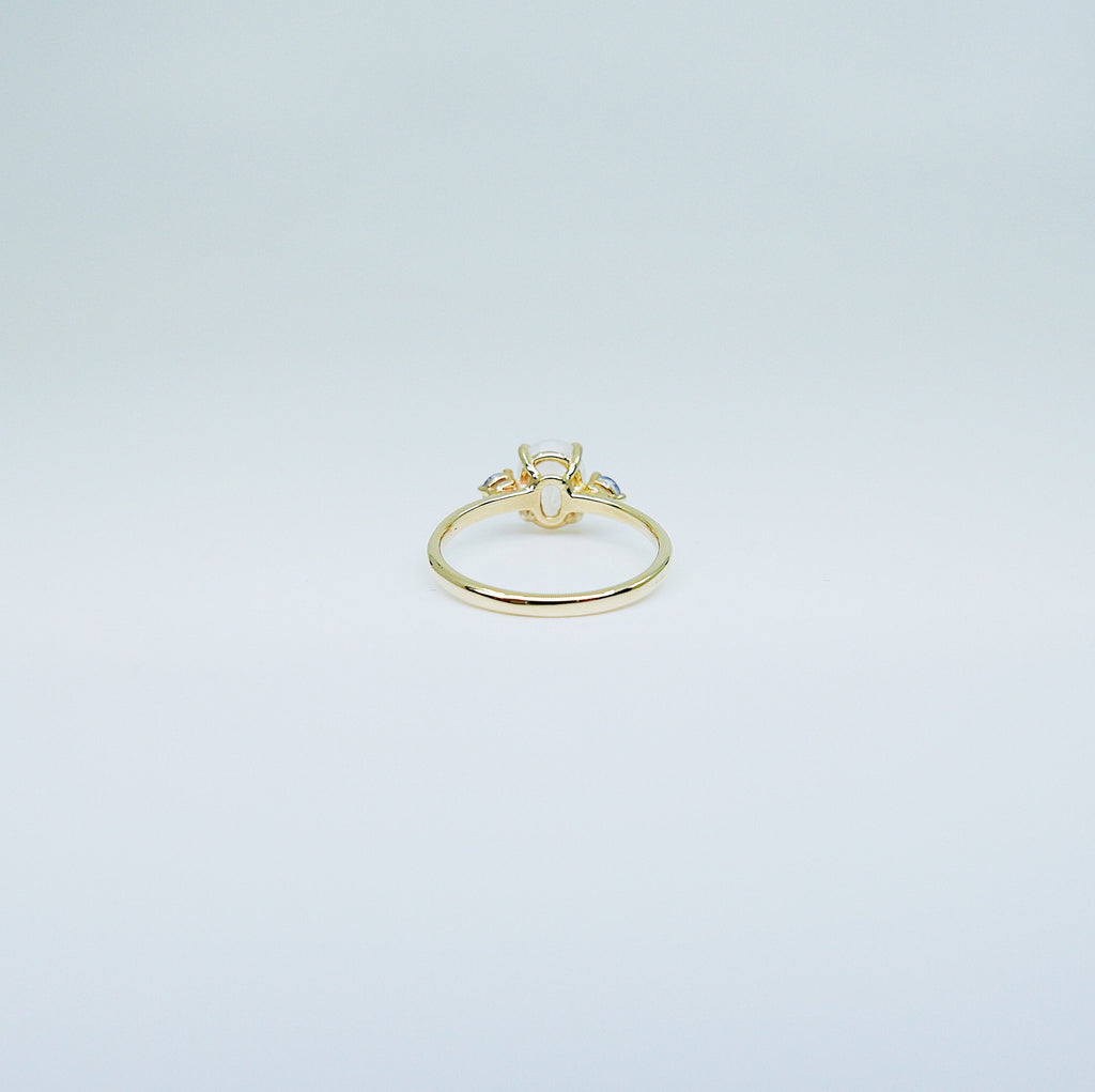 Oval moonstone ring, three stone ring, moonstone and tanzanite ring, 14k gold moonstone ring, north south ring
