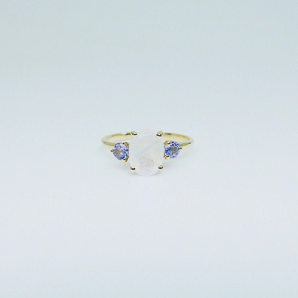 Oval moonstone ring, three stone ring, moonstone and tanzanite ring, 14k gold moonstone ring, north south ring