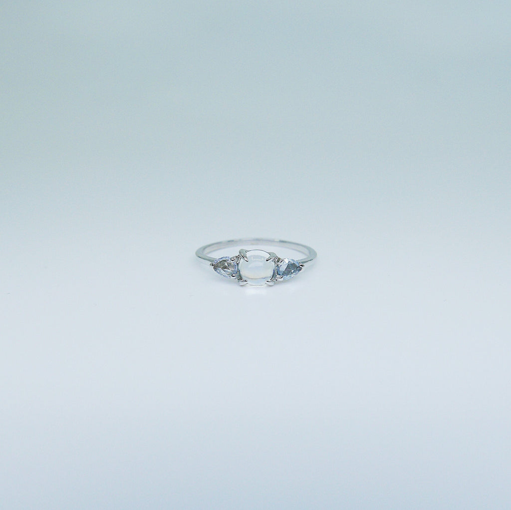 Penelope Moonstone ring, Moonstone and  rosecut sapphire ring, 3 stone ring, 14k gold rainbow moonstone ring