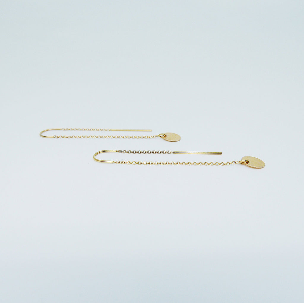 14k Solstice earrings, disc ear thread, 14k Gold disc earring, Circle ear thread, circle earring