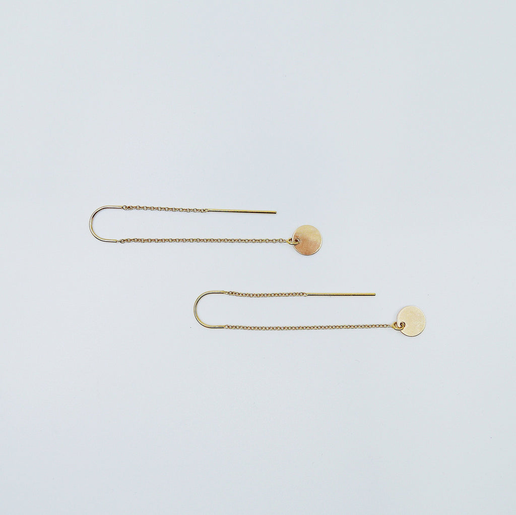14k Solstice earrings, disc ear thread, 14k Gold disc earring, Circle ear thread, circle earring