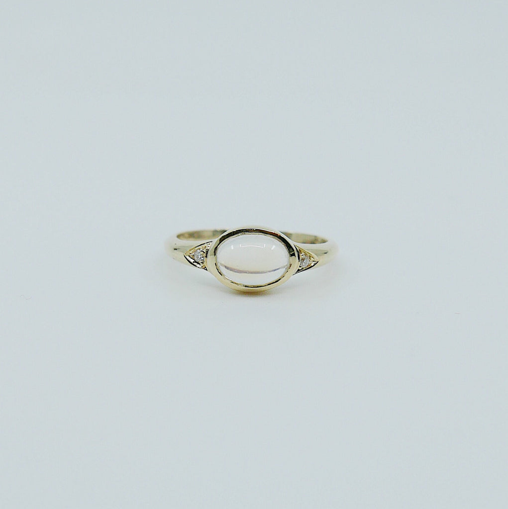 Moonstone Signet Ring, Moonstone cabochon ring, oval moonstone and diamond ring, 14k gold moonstone ring, oval bezel moonstone ring