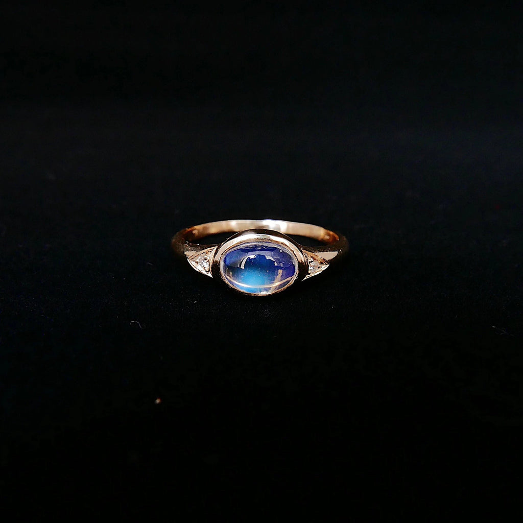 Moonstone Signet Ring, Moonstone cabochon ring, oval moonstone and diamond ring, 14k gold moonstone ring, oval bezel moonstone ring